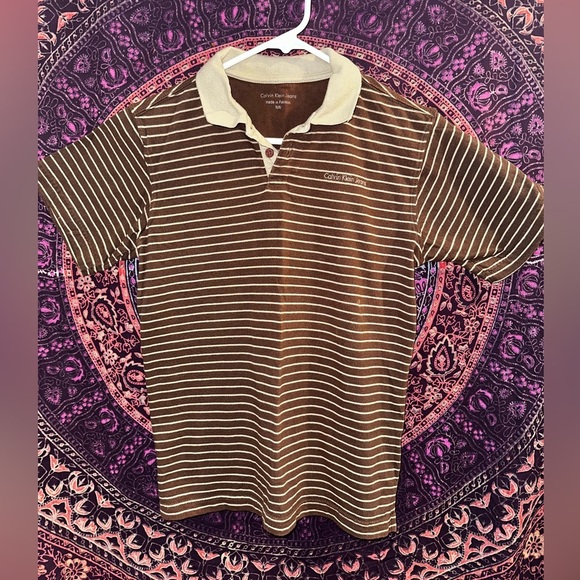 Calvin Klein Men's Polo Shirt in Brown and Cream Stripes - Picture 1 of 3